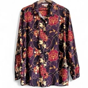 DG2 Diane Gilman Silk Blend Blouse Button Down Shirt Floral Chain Print L